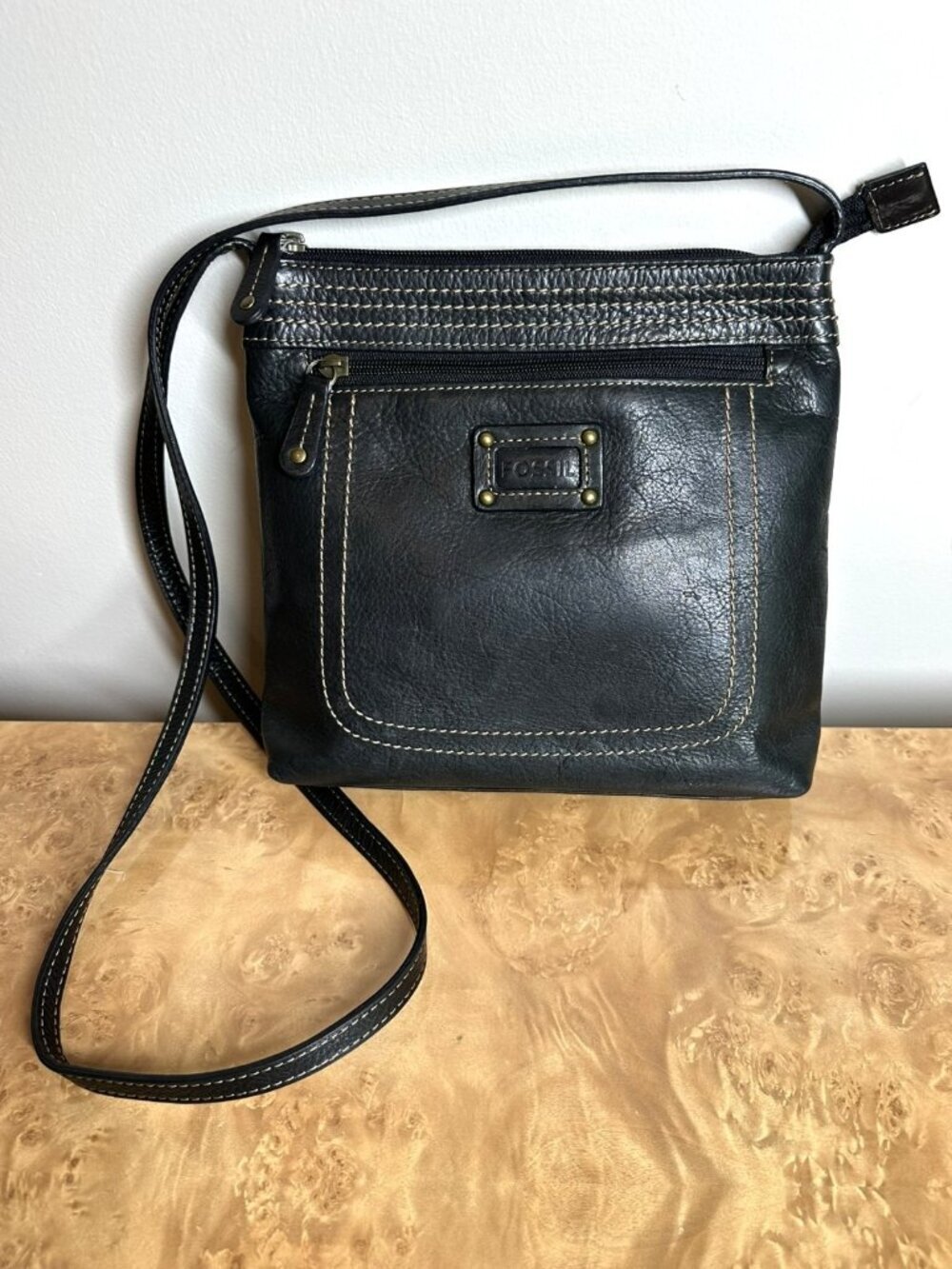 Fossil Black Leather Crossbody Bag Organizer Purse Contrast Stitch Boho